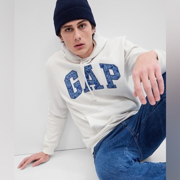 GAP Tops - NWT Gap Blue Floral Logo Hoodie Oversized Sweatshirt Carls Stone Off White XL